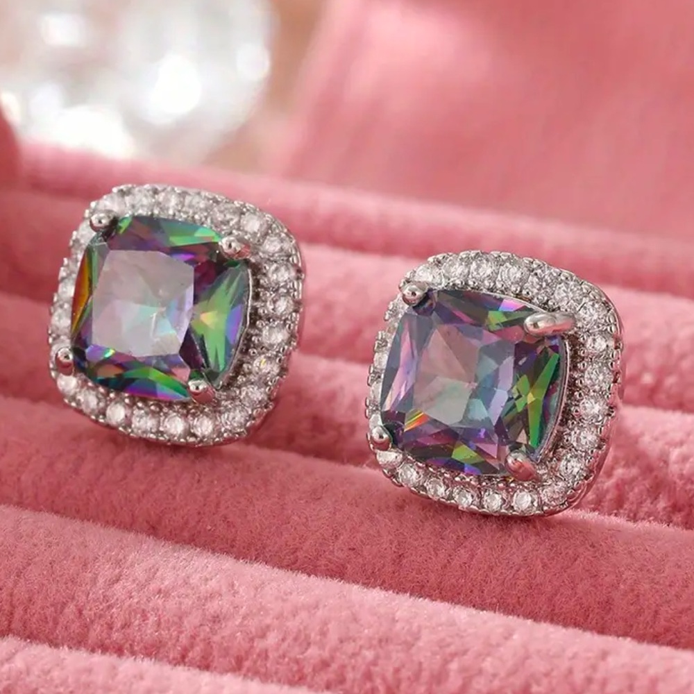 Rainbow Mystic Topaz (Simulated) Cushion Cut Cubic Zirconia Stud Earrings